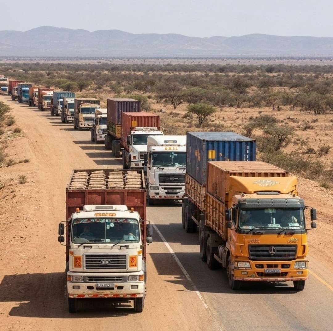 Freight convoy crossing a dry landscape on a regional corridor