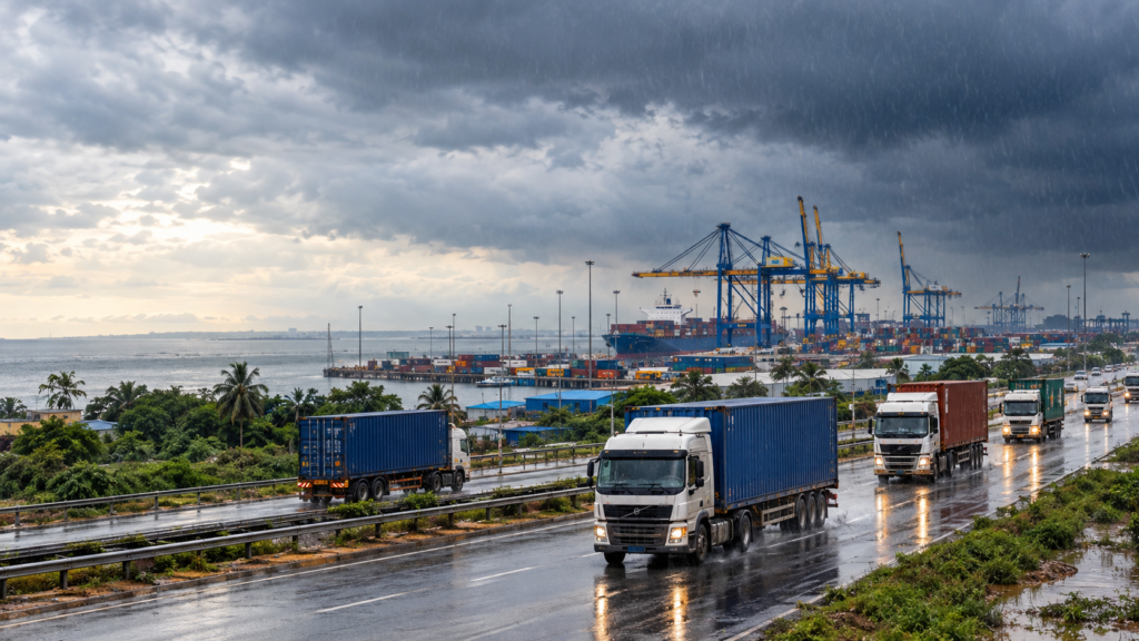 Trucks and port cranes under heavy rain along a regional trade corridor