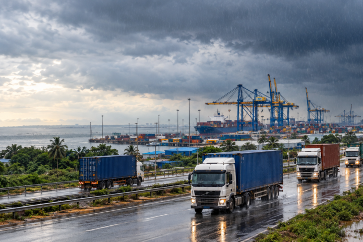 Trucks and port cranes under heavy rain along a regional trade corridor